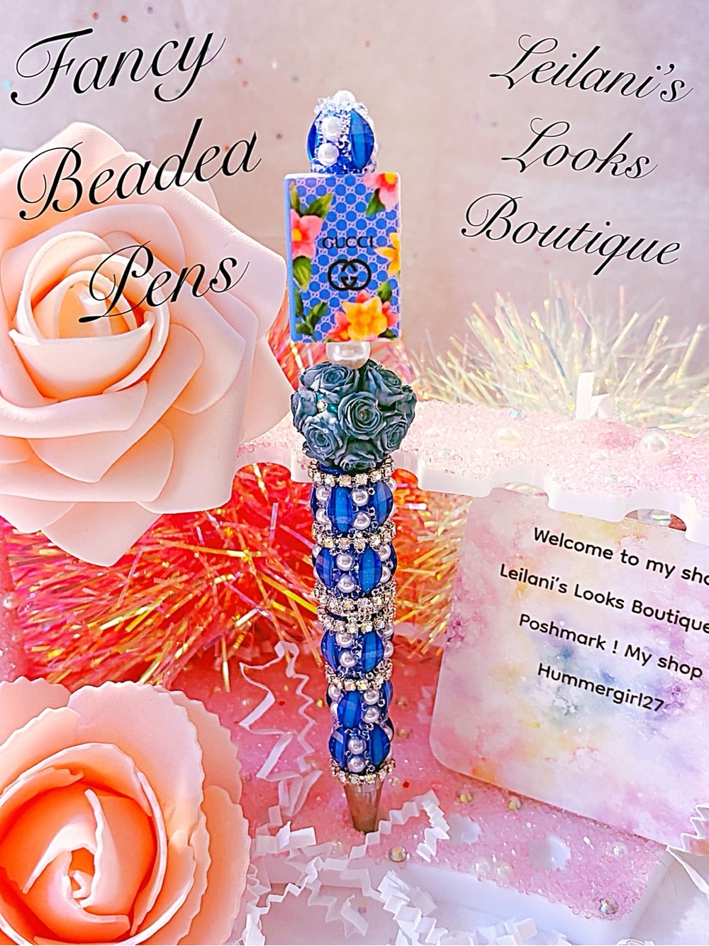 Fancy beaded pen/gifts/blue multicolor book/blue flowers/girly/